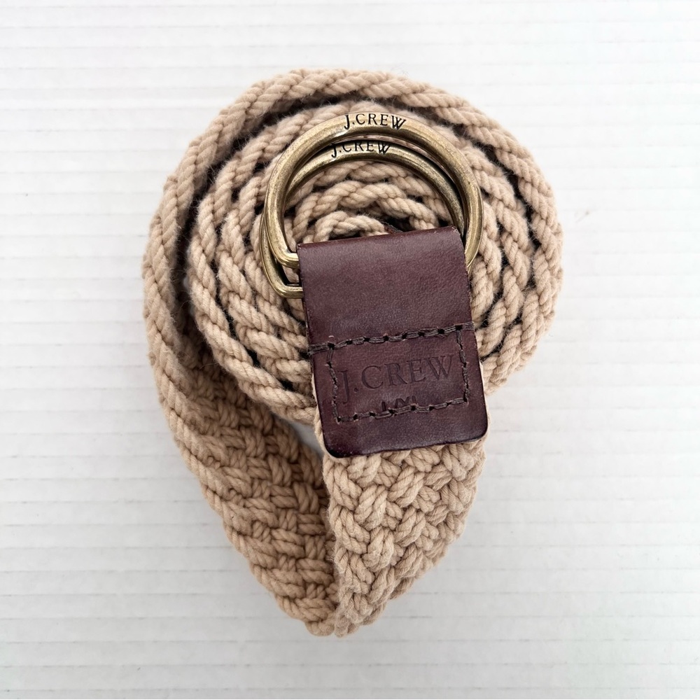 J.Crew Beige Braided Belt Brass D Ring Buckle XL Classic Preppy Nautical Casual